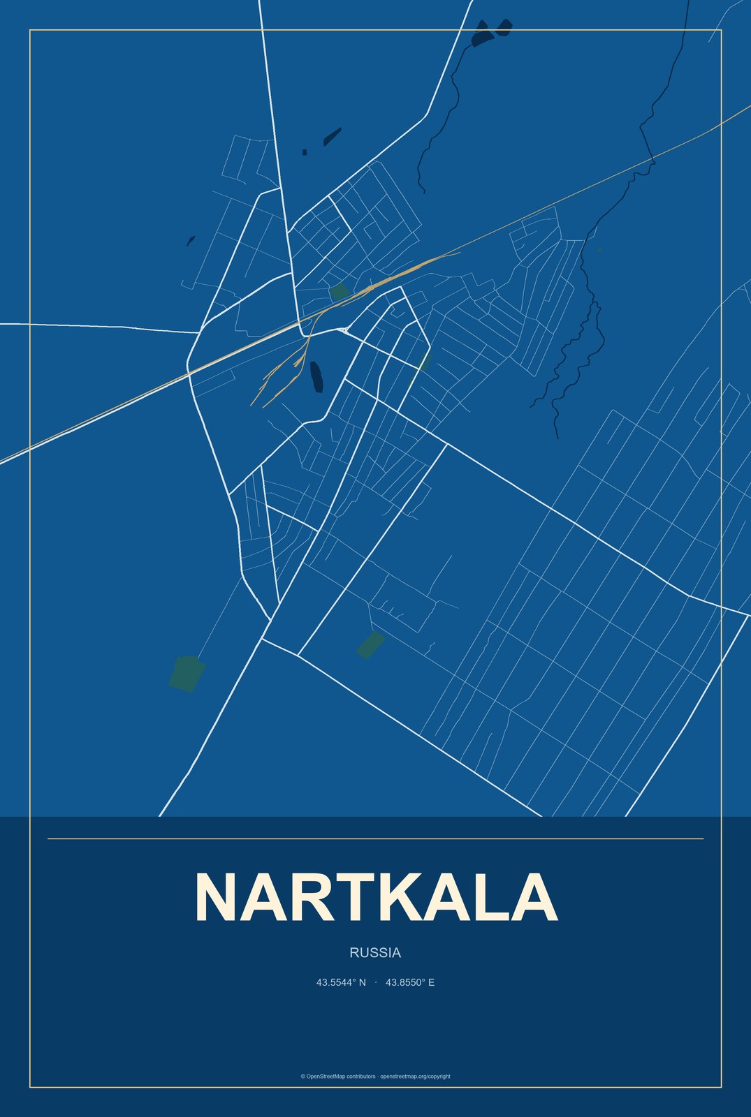Nartkala, Russia City Map Aluminum Sign in Harbor Cobalt style