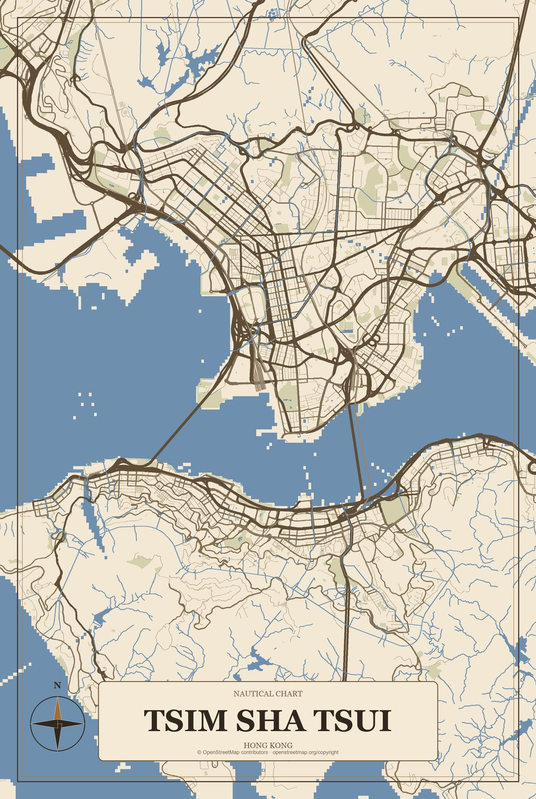 Tsim Sha Tsui, Hong Kong City Map Aluminum Sign in Heritage Nautical style