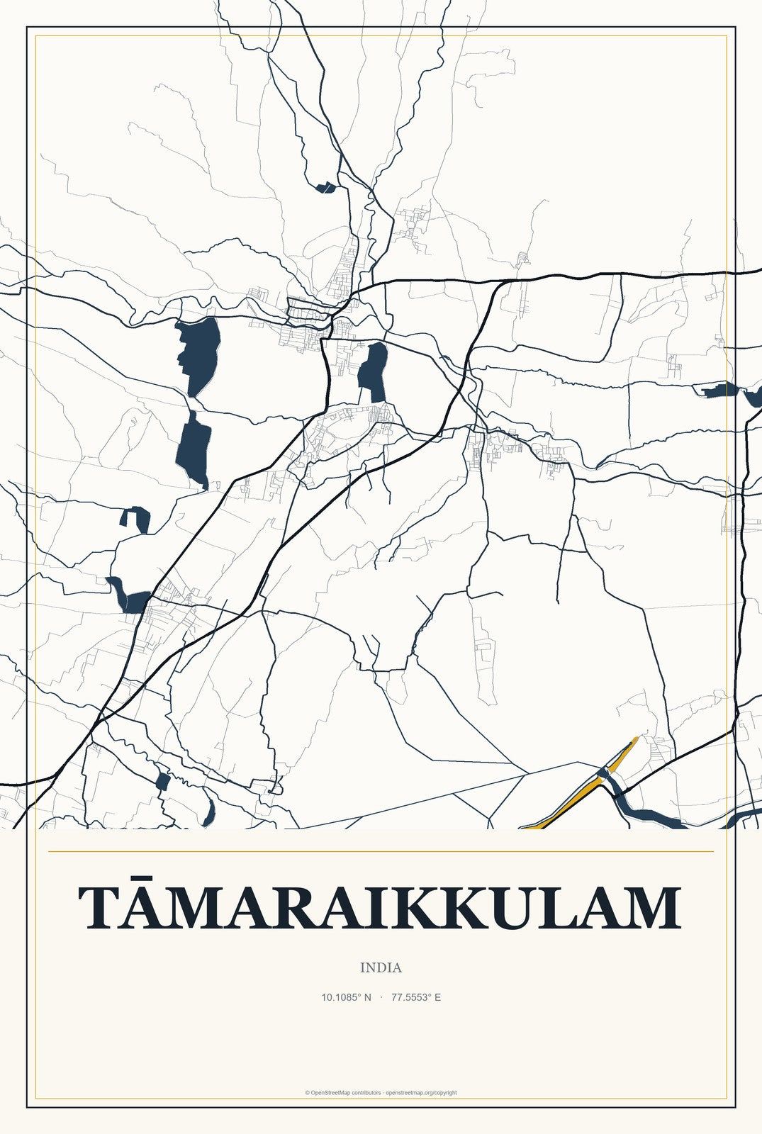 Tāmaraikkulam, India City Map Aluminum Sign in Citrine Modern style