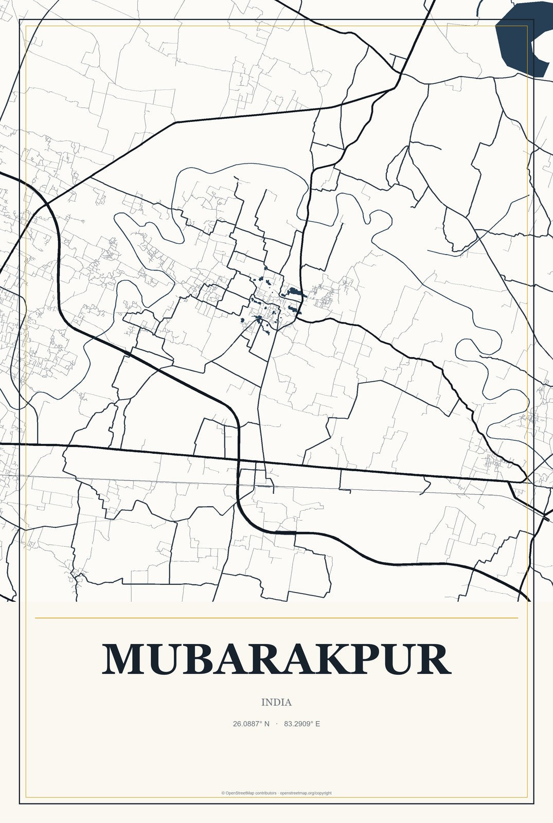 Mubarakpur, India City Map Aluminum Sign in Citrine Modern style