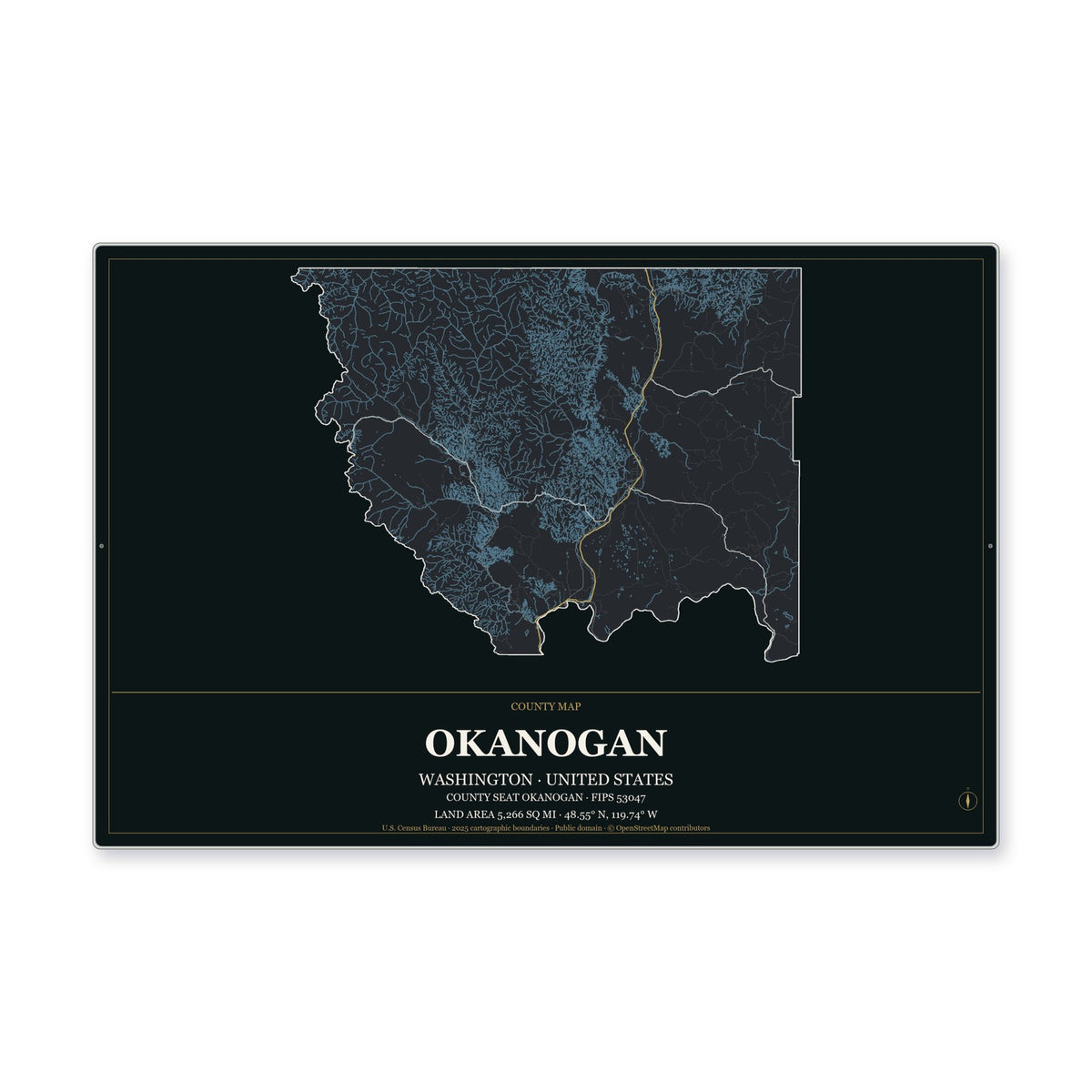 Okanogan County, Washington Map Aluminum Sign in Metropolitan Noir style