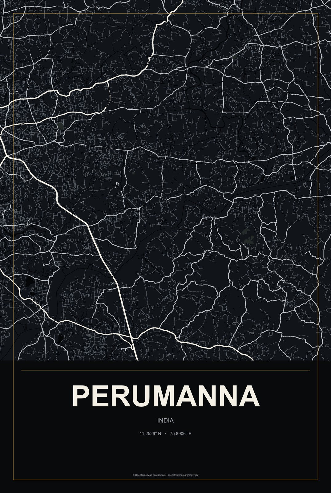 Perumanna, India City Map Aluminum Sign in Metropolitan Noir style