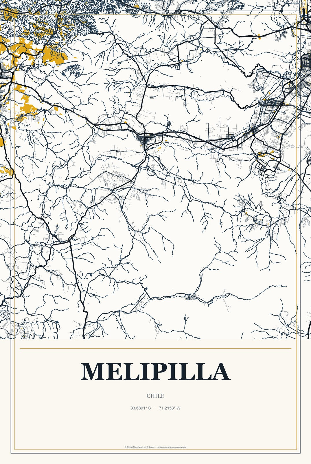 Melipilla, Chile City Map Aluminum Sign in Citrine Modern style
