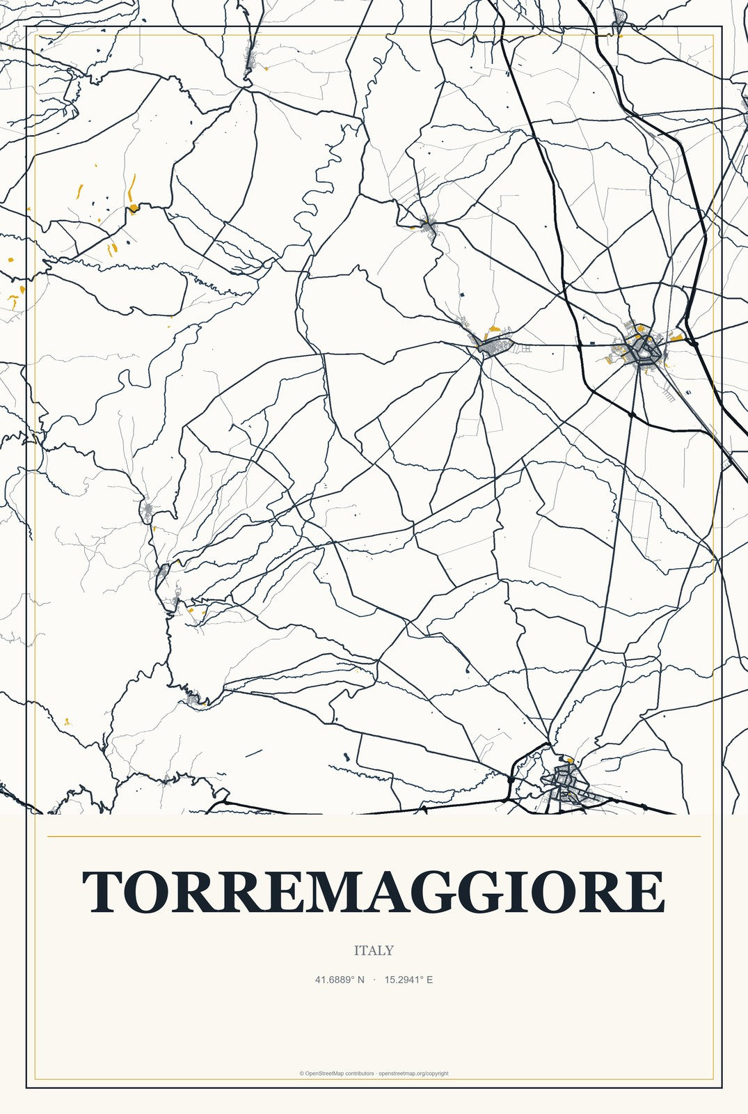 Torremaggiore, Italy City Map Aluminum Sign in Citrine Modern style