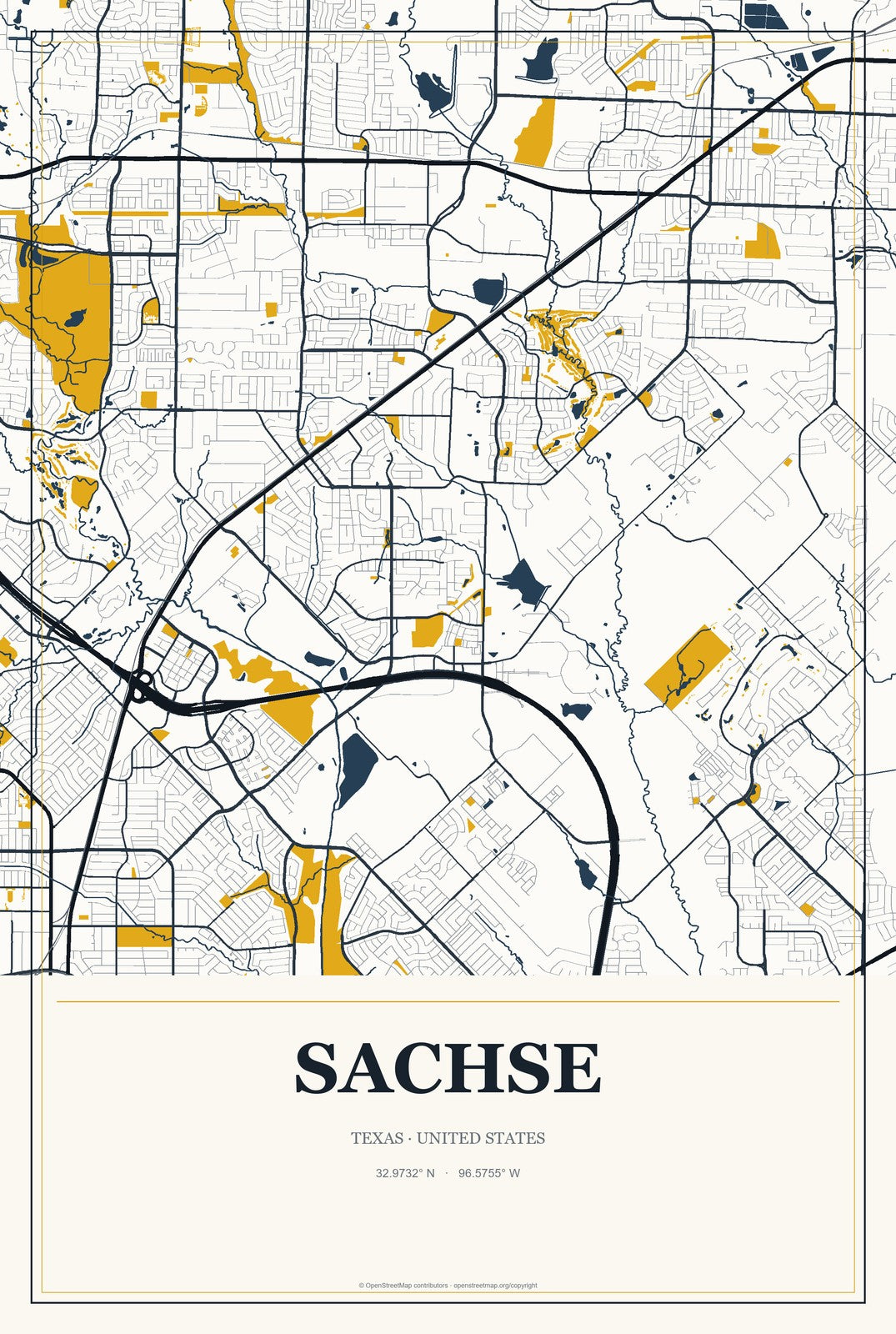 Sachse, Texas City Map Aluminum Sign in Citrine Modern style