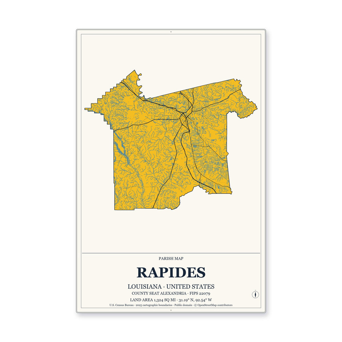 Rapides Parish, Louisiana Map Aluminum Sign in Citrine Modern style