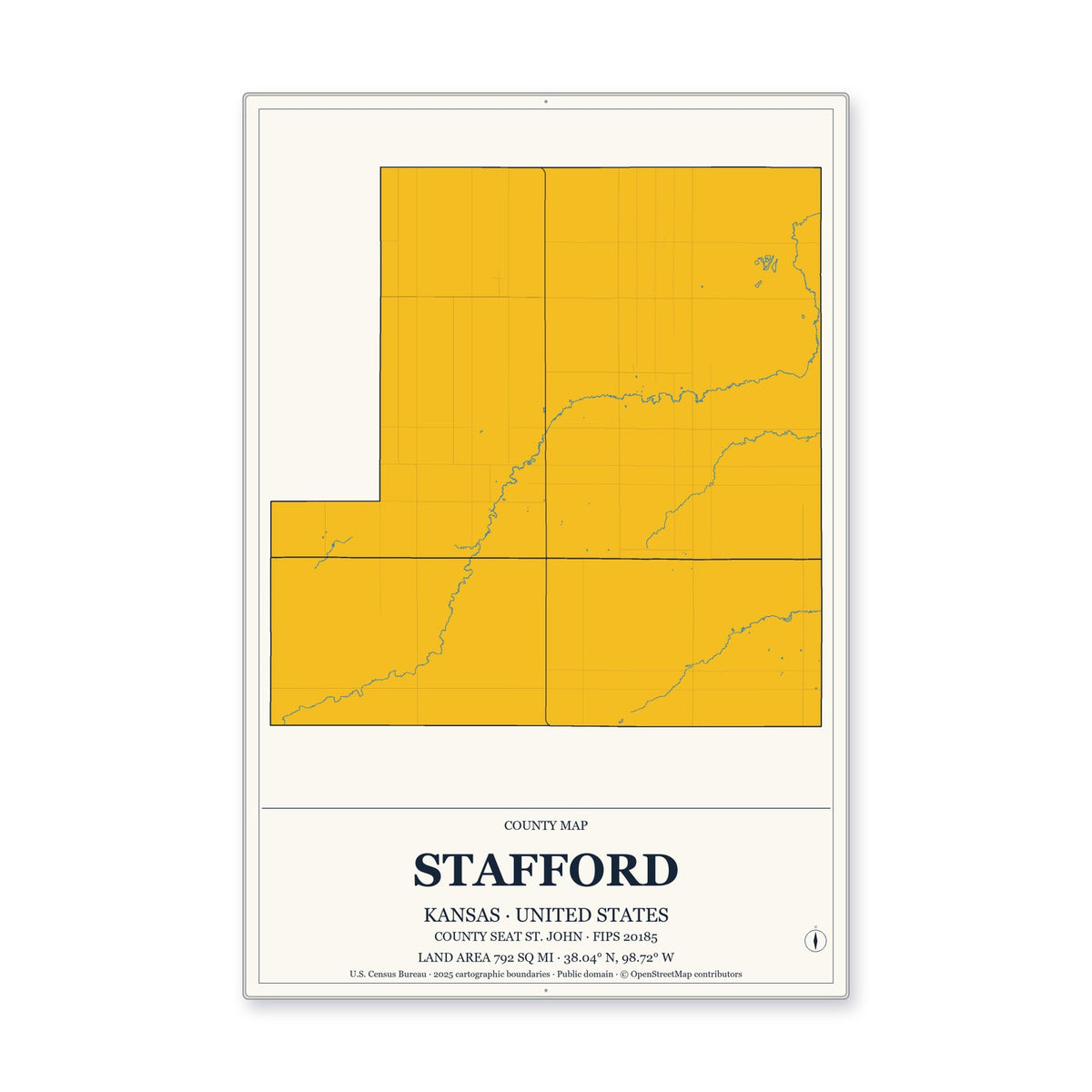 Stafford County, Kansas Map Aluminum Sign in Citrine Modern style