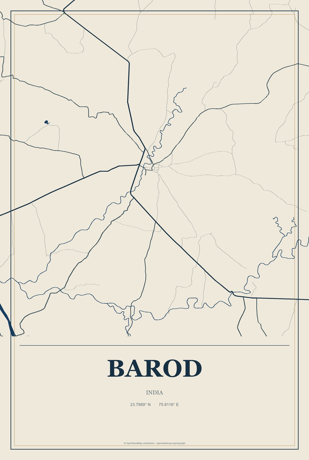 Barod, India City Map Aluminum Sign in Coastal Cutout style