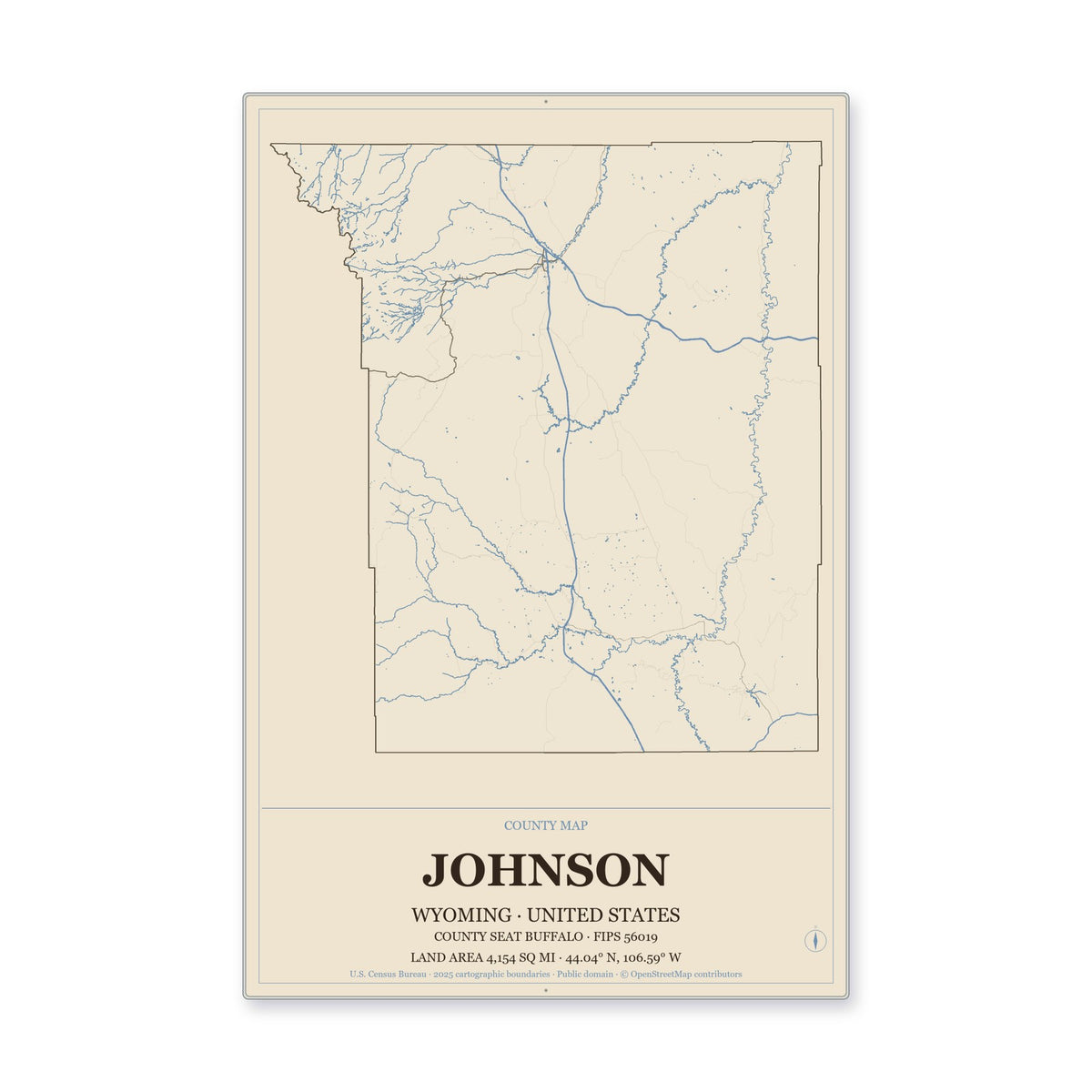 Johnson County, Wyoming Map Aluminum Sign in Heritage Nautical style