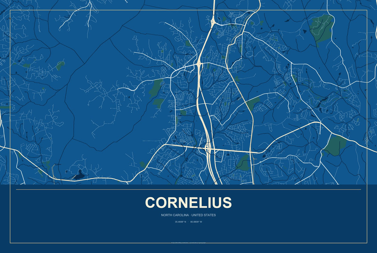 Cornelius, North Carolina City Map Aluminum Sign in Harbor Cobalt style