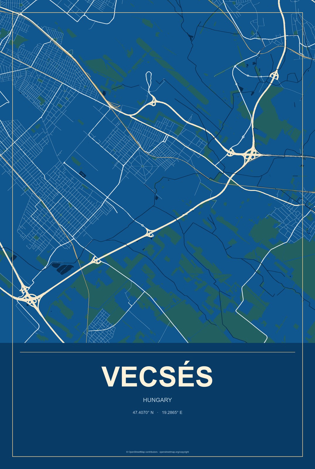 Vecsés, Hungary City Map Aluminum Sign in Harbor Cobalt style