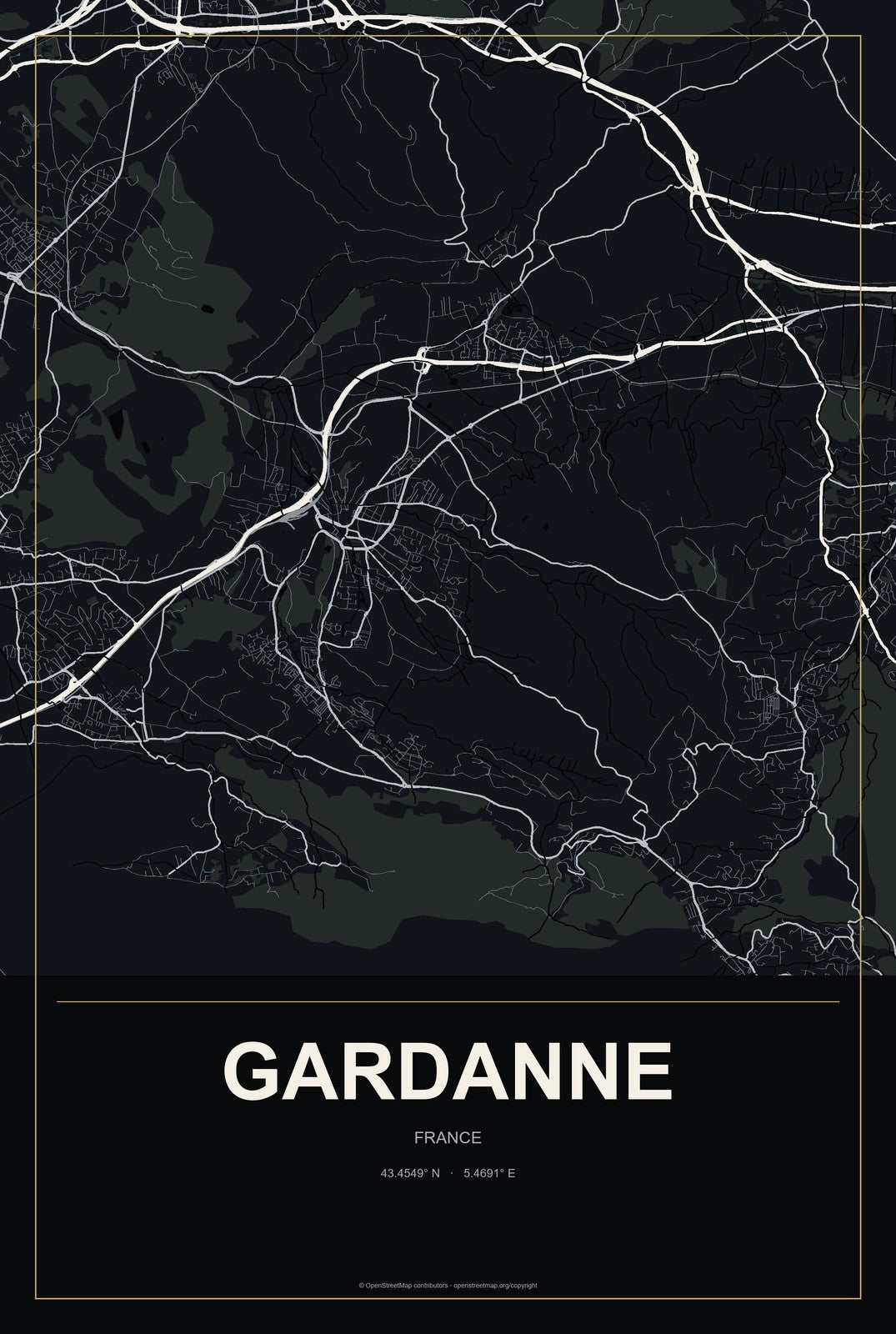 Gardanne, France City Map Aluminum Sign in Metropolitan Noir style