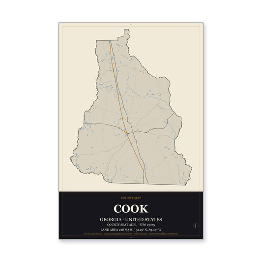 Cook County, Georgia Map Aluminum Sign in Museum Plaque style