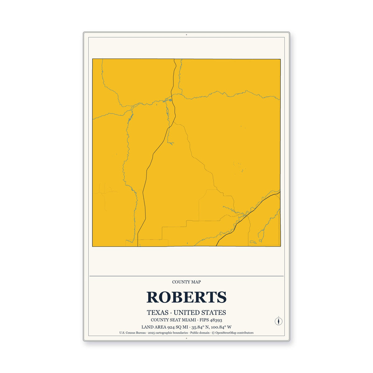 Roberts County, Texas Map Aluminum Sign in Citrine Modern style