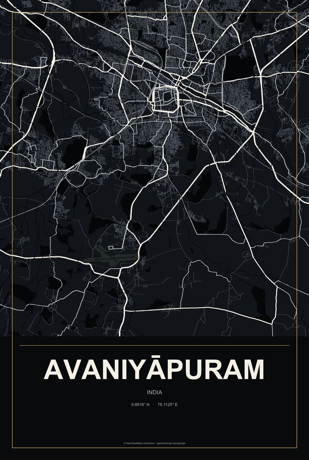 Avaniyāpuram, India City Map Aluminum Sign in Metropolitan Noir style