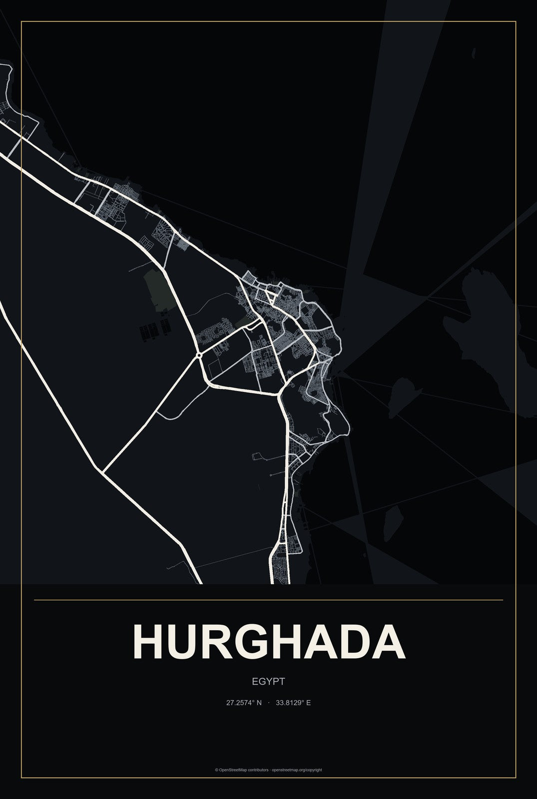 Hurghada, Egypt City Map Aluminum Sign in Metropolitan Noir style