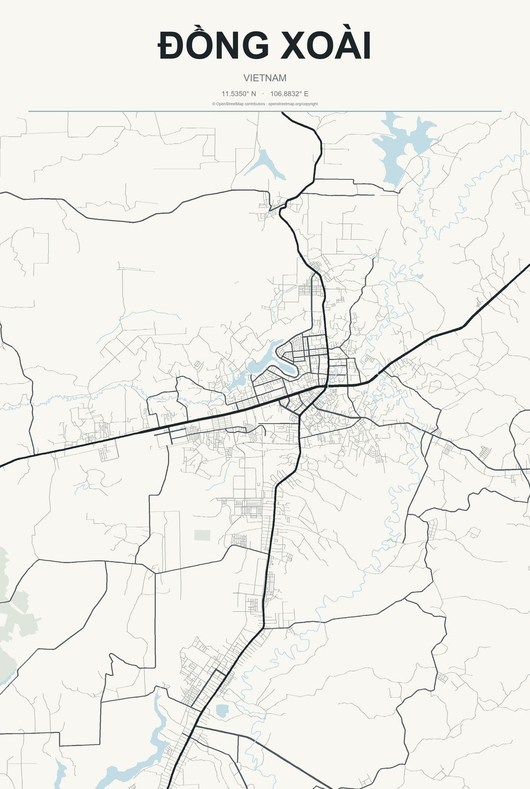 Đồng Xoài, Vietnam City Map Aluminum Sign in Headline Atlas style