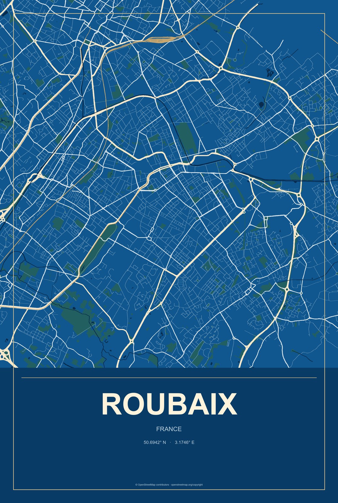 Roubaix, France City Map Aluminum Sign in Harbor Cobalt style