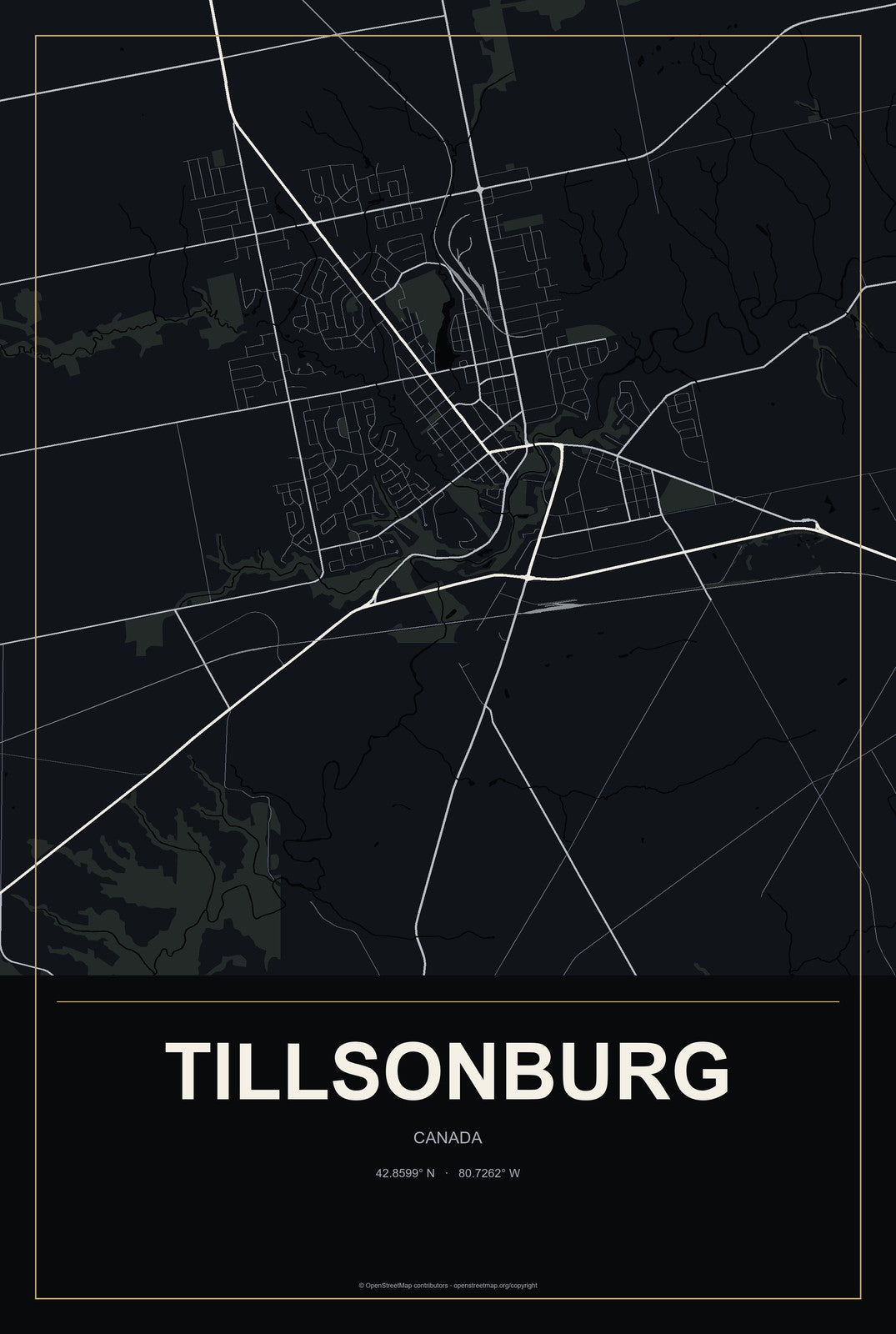 Tillsonburg, Canada City Map Aluminum Sign in Metropolitan Noir style