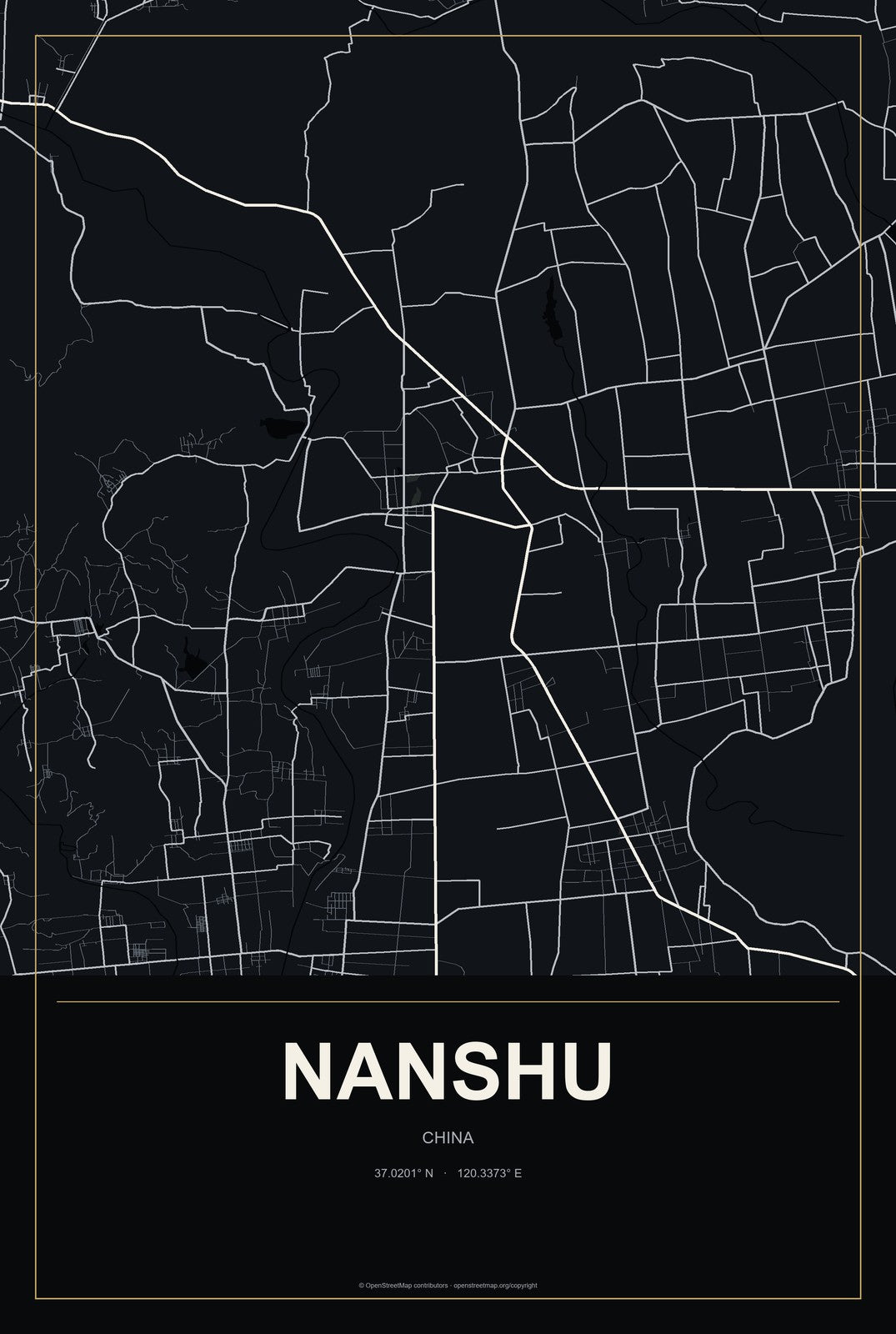 Nanshu, China City Map Aluminum Sign in Metropolitan Noir style