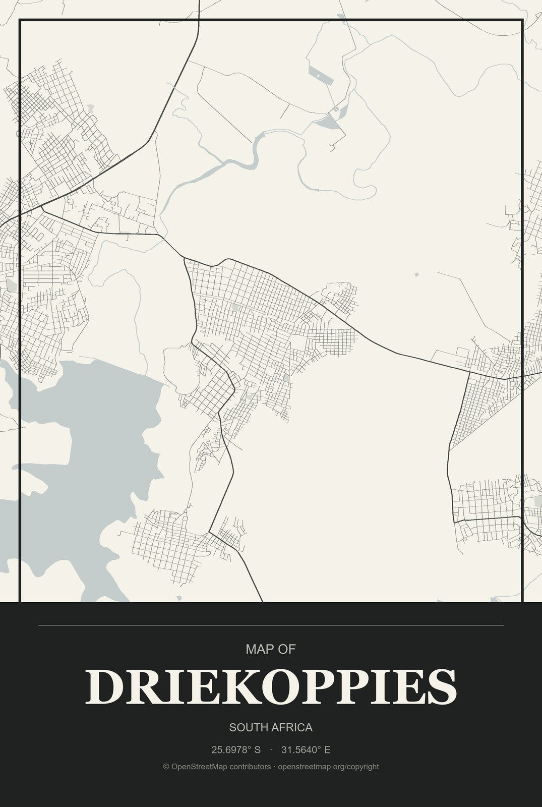 Driekoppies, South Africa City Map Aluminum Sign in Museum Plaque style