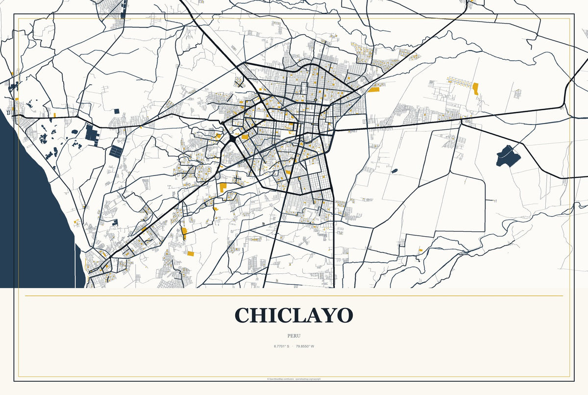 Chiclayo, Peru City Map Aluminum Sign in Citrine Modern style
