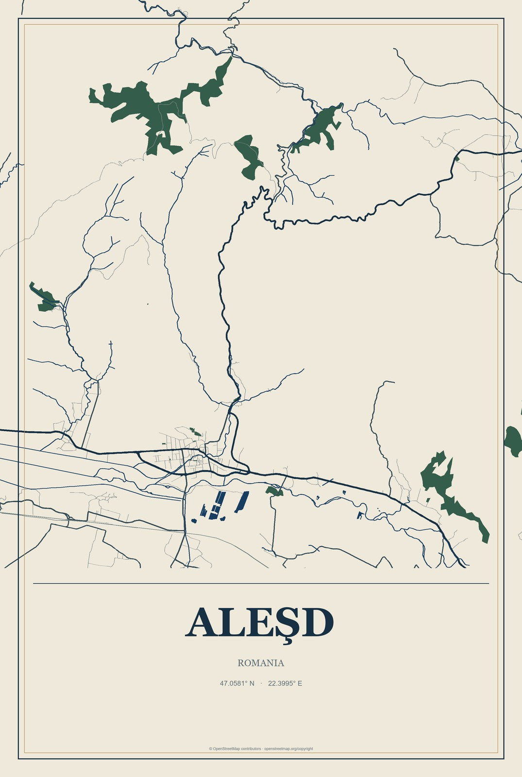 Aleşd, Romania City Map Aluminum Sign in Coastal Cutout style