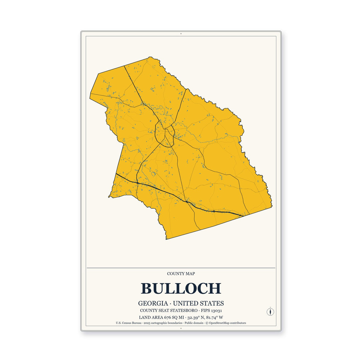 Bulloch County, Georgia Map Aluminum Sign in Citrine Modern style