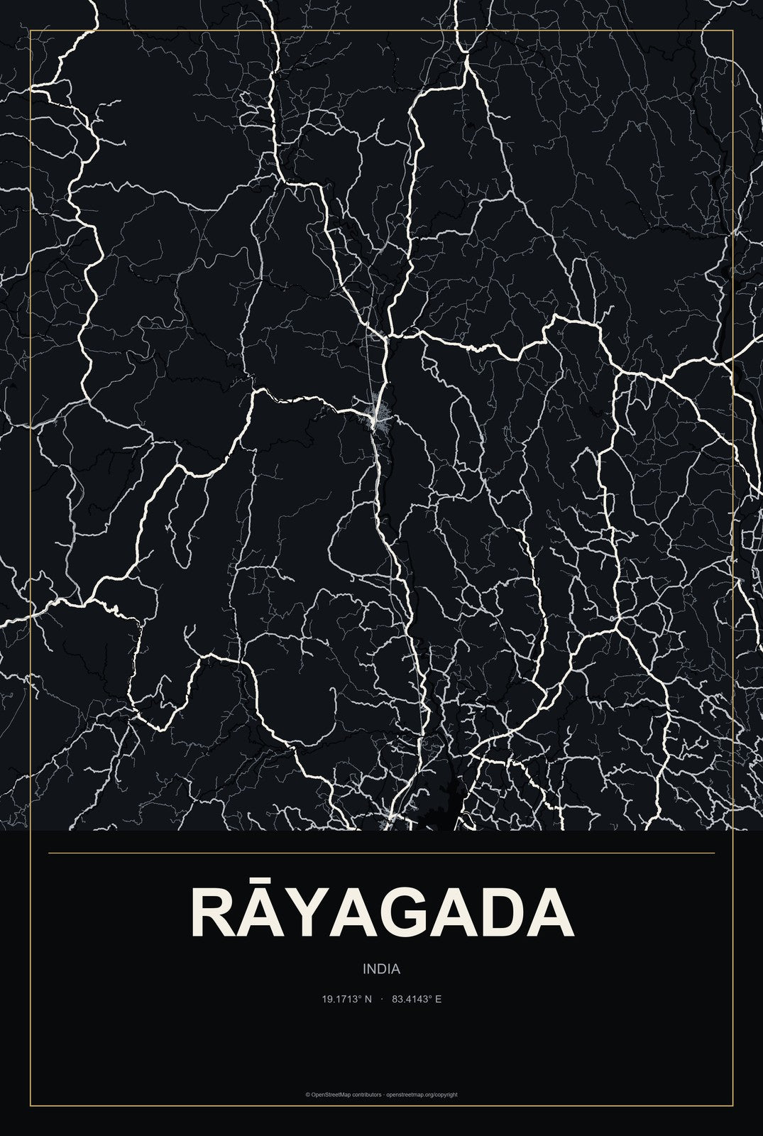 Rāyagada, India City Map Aluminum Sign in Metropolitan Noir style
