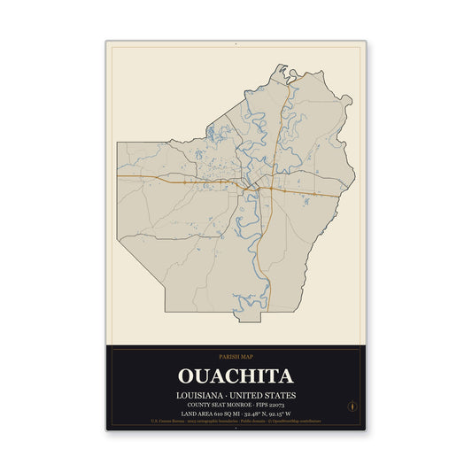 Ouachita Parish, Louisiana Map Aluminum Sign in Museum Plaque style