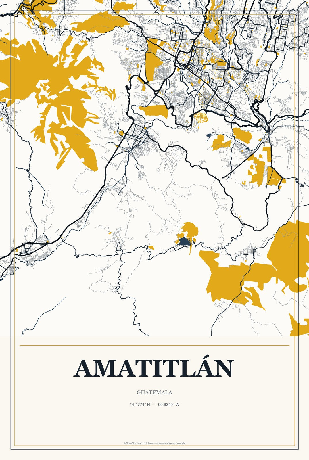 Amatitlán, Guatemala City Map Aluminum Sign in Citrine Modern style
