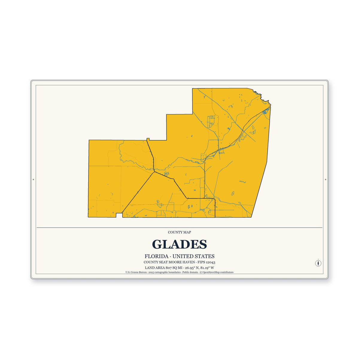 Glades County, Florida Map Aluminum Sign in Citrine Modern style