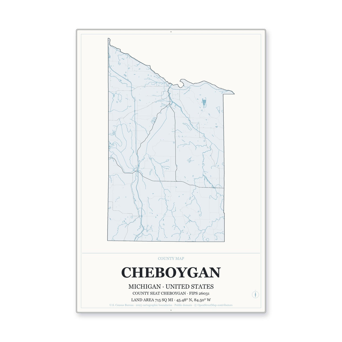 Cheboygan County, Michigan Map Aluminum Sign in Gallery Air style