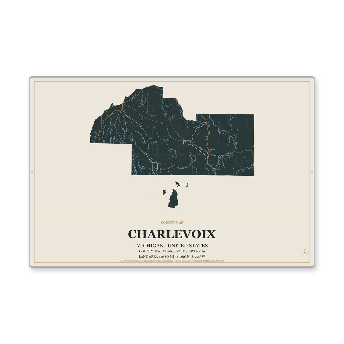 Charlevoix County, Michigan Map Aluminum Sign in Headline Atlas style