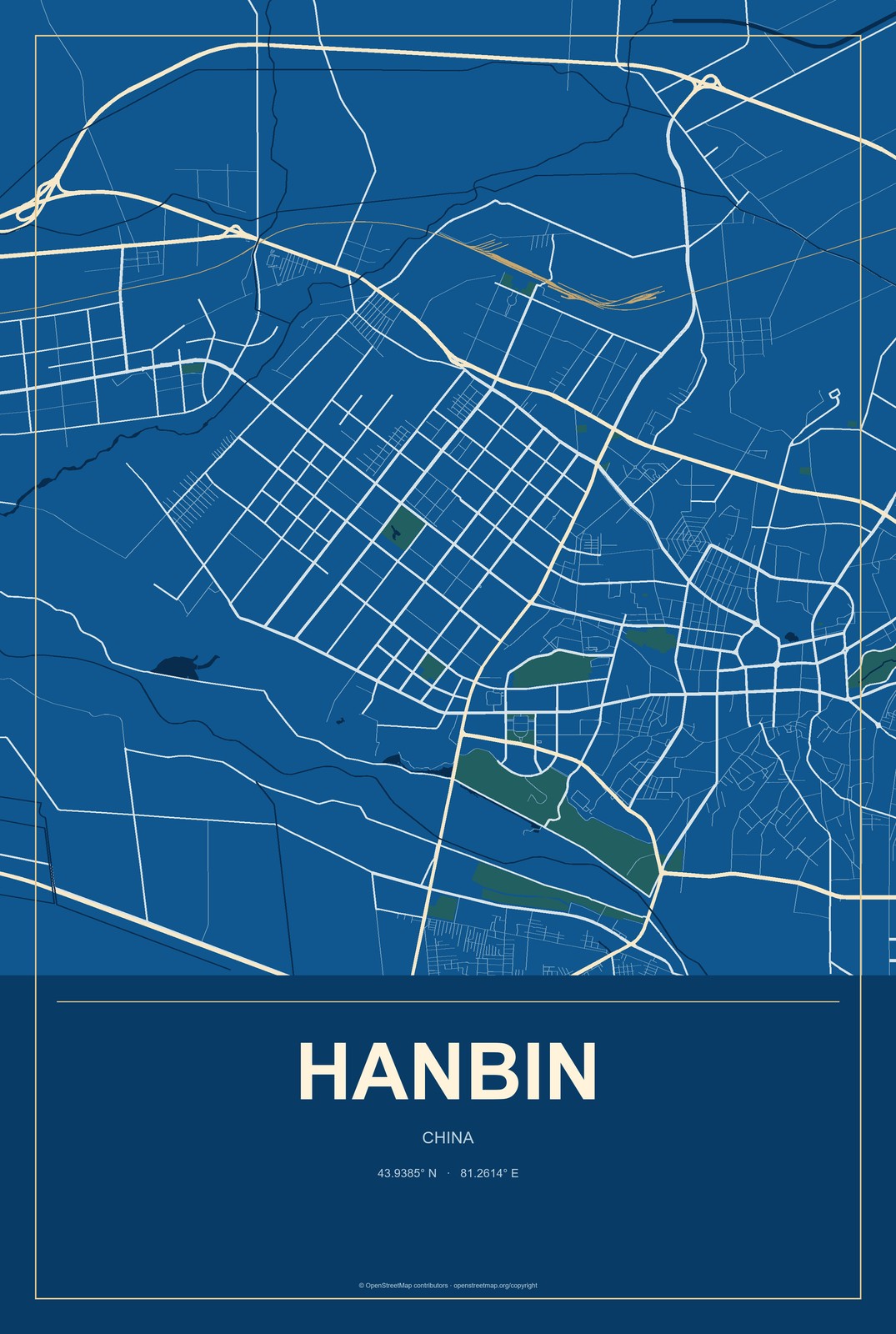 Hanbin, China City Map Aluminum Sign in Harbor Cobalt style
