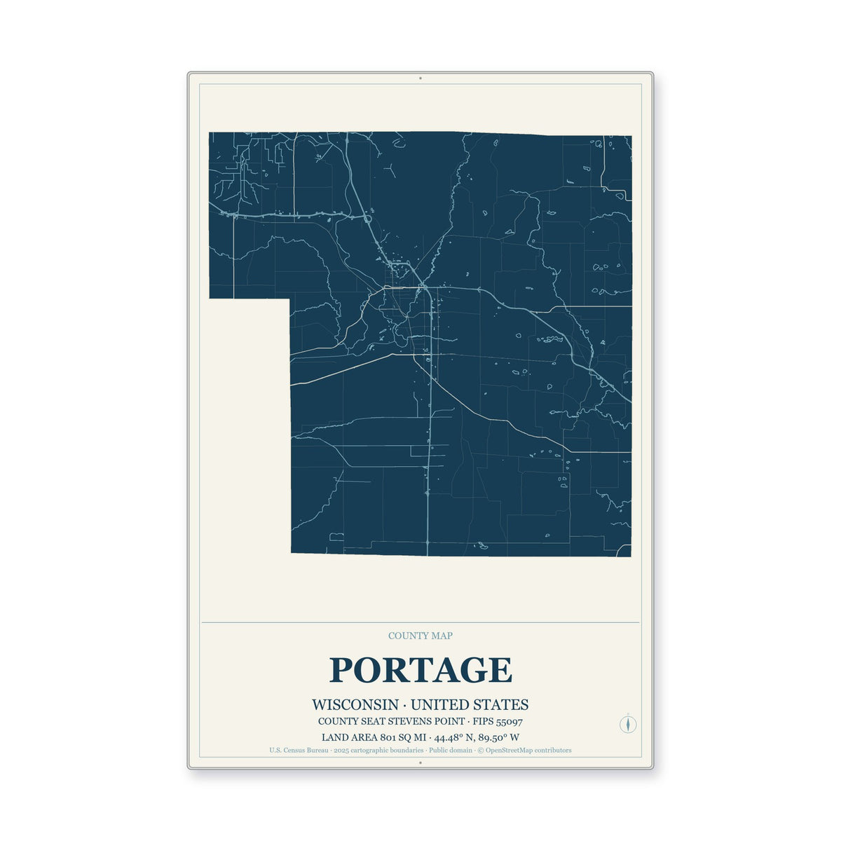 Portage County, Wisconsin Map Aluminum Sign in Coastal Cutout style