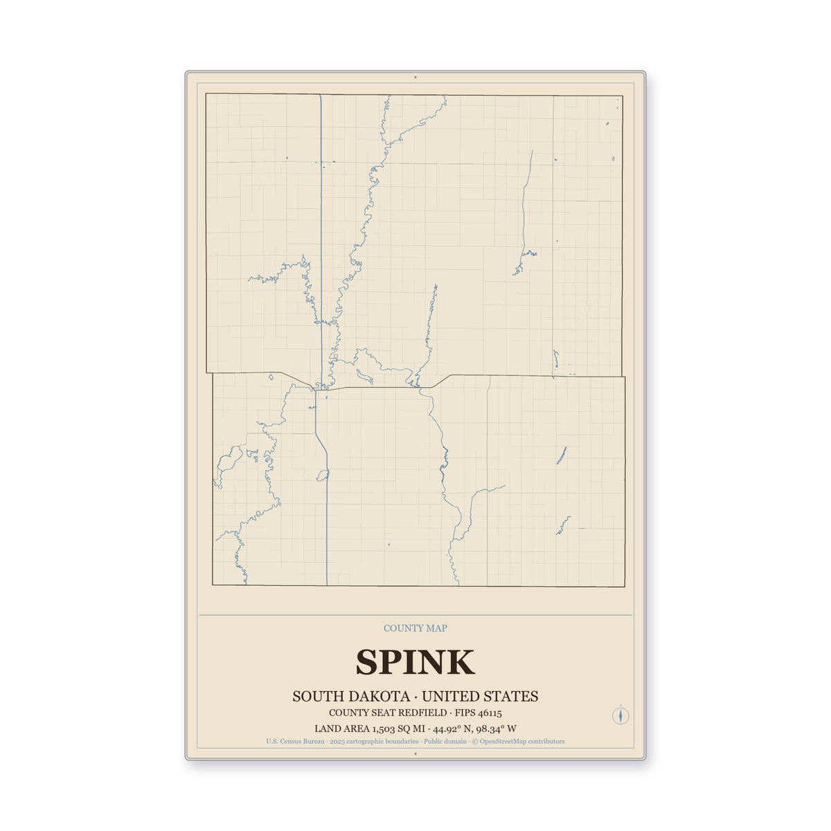 Spink County, South Dakota Map Aluminum Sign in Heritage Nautical style