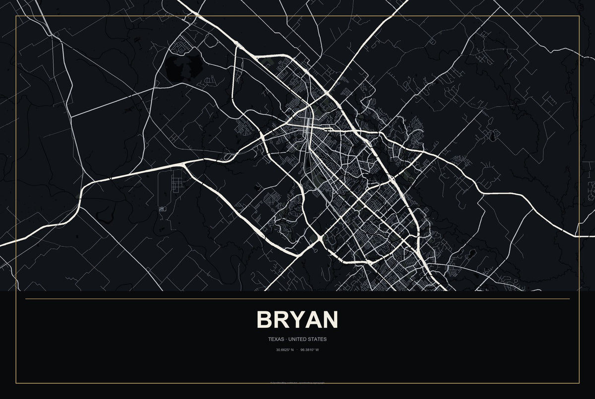 Bryan, Texas City Map Aluminum Sign in Metropolitan Noir style