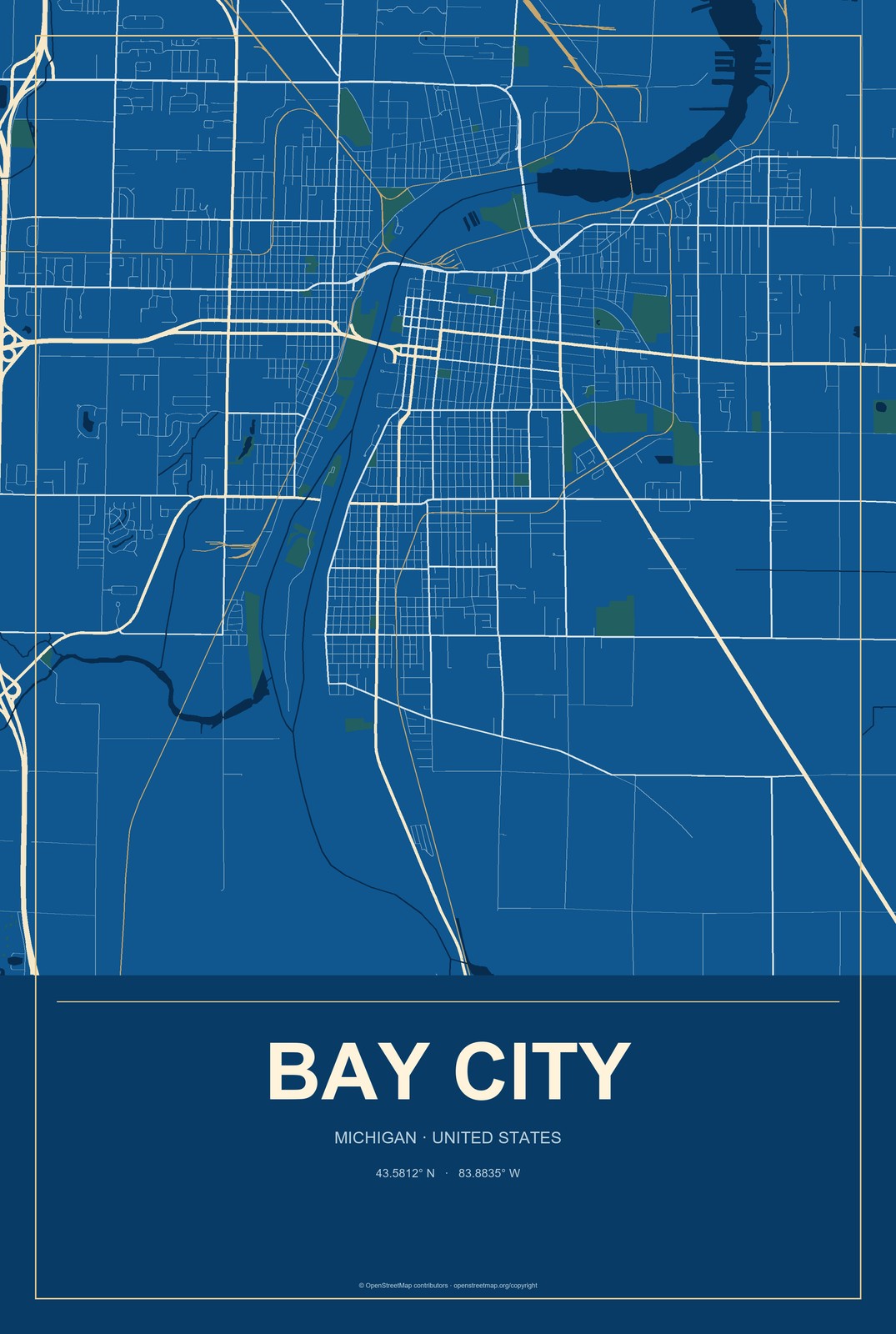 Bay City, Michigan City Map Aluminum Sign in Harbor Cobalt style