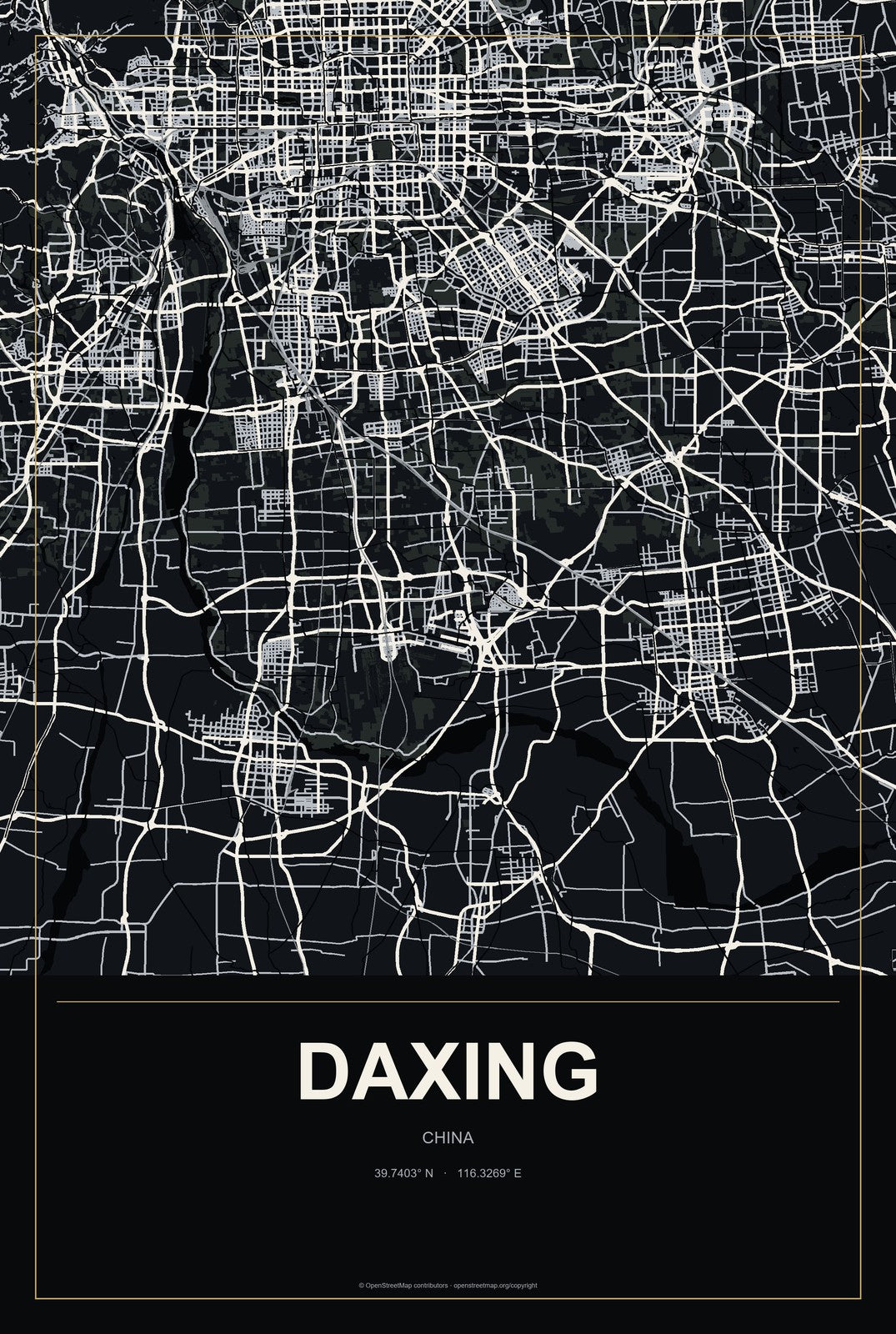 Daxing, Chongqing, China City Map Aluminum Sign in Metropolitan Noir style