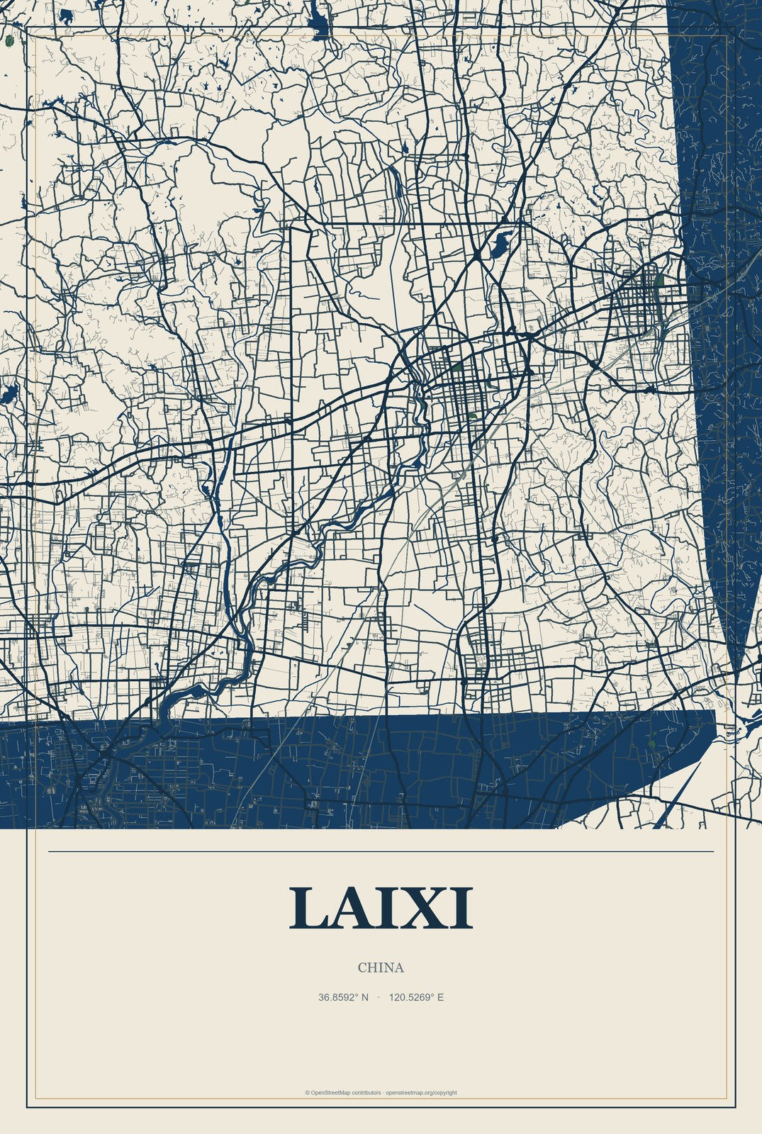 Laixi, China City Map Aluminum Sign in Coastal Cutout style