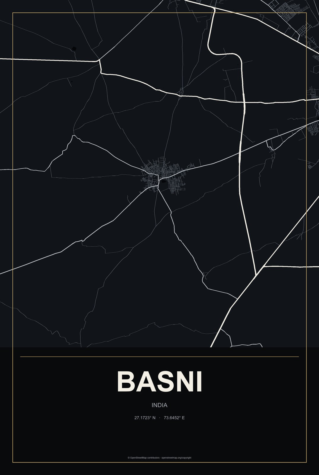 Basni, India City Map Aluminum Sign in Metropolitan Noir style