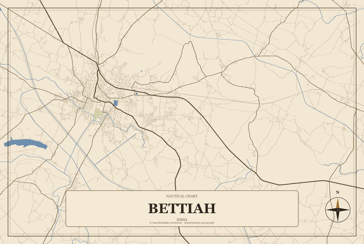 Bettiah, India City Map Aluminum Sign in Heritage Nautical style