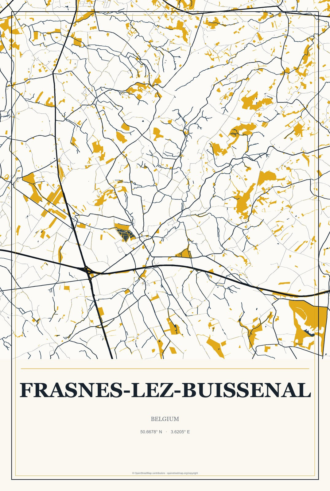 Frasnes-lez-Buissenal, Belgium City Map Aluminum Sign in Citrine Modern style