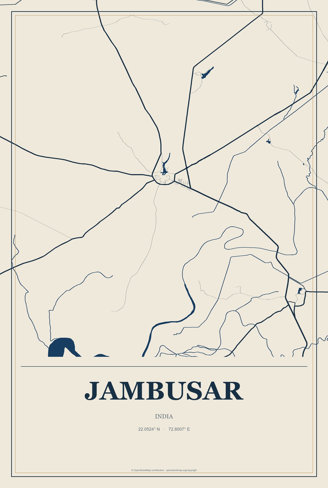 Jambusar, India City Map Aluminum Sign in Coastal Cutout style
