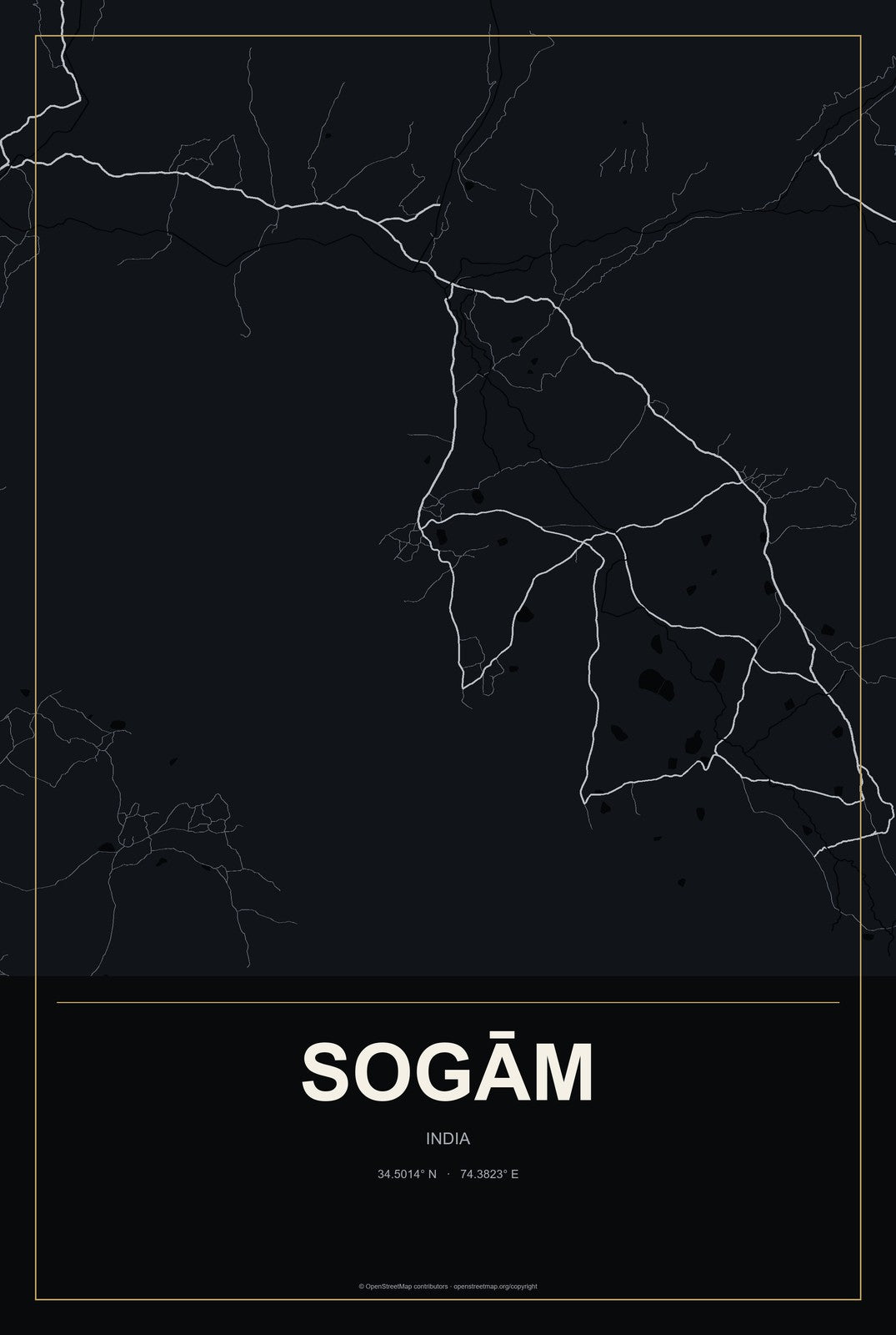 Sogām, India City Map Aluminum Sign in Metropolitan Noir style