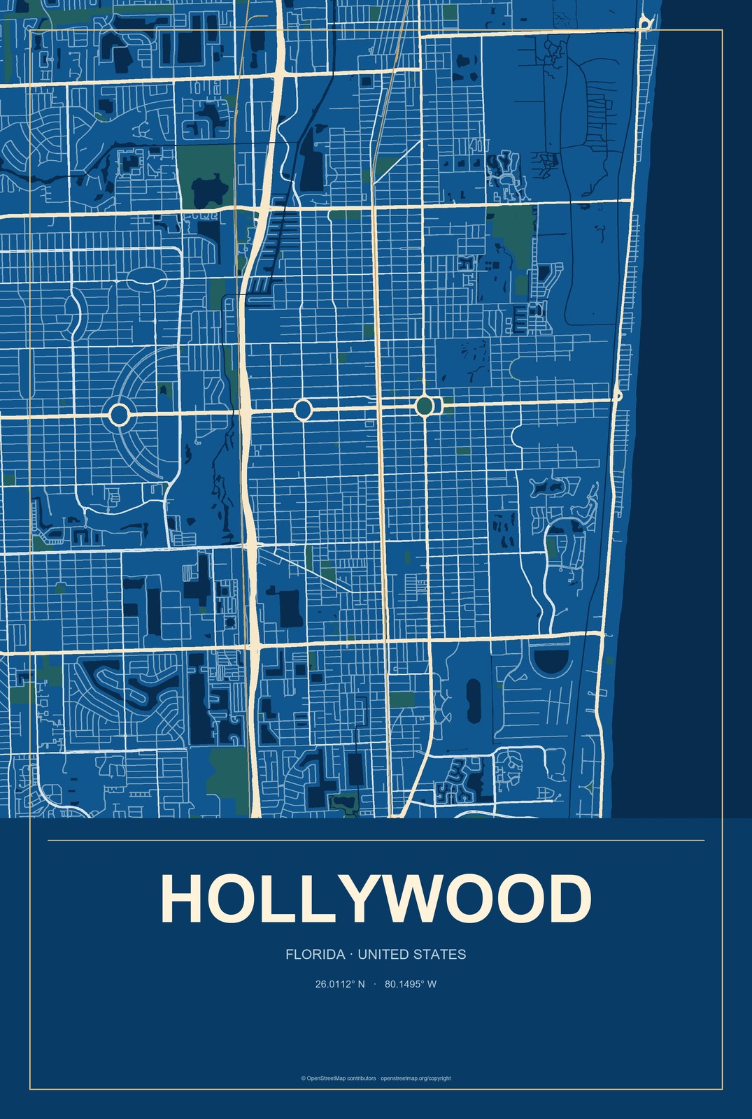 Hollywood, Florida City Map Aluminum Sign in Harbor Cobalt style