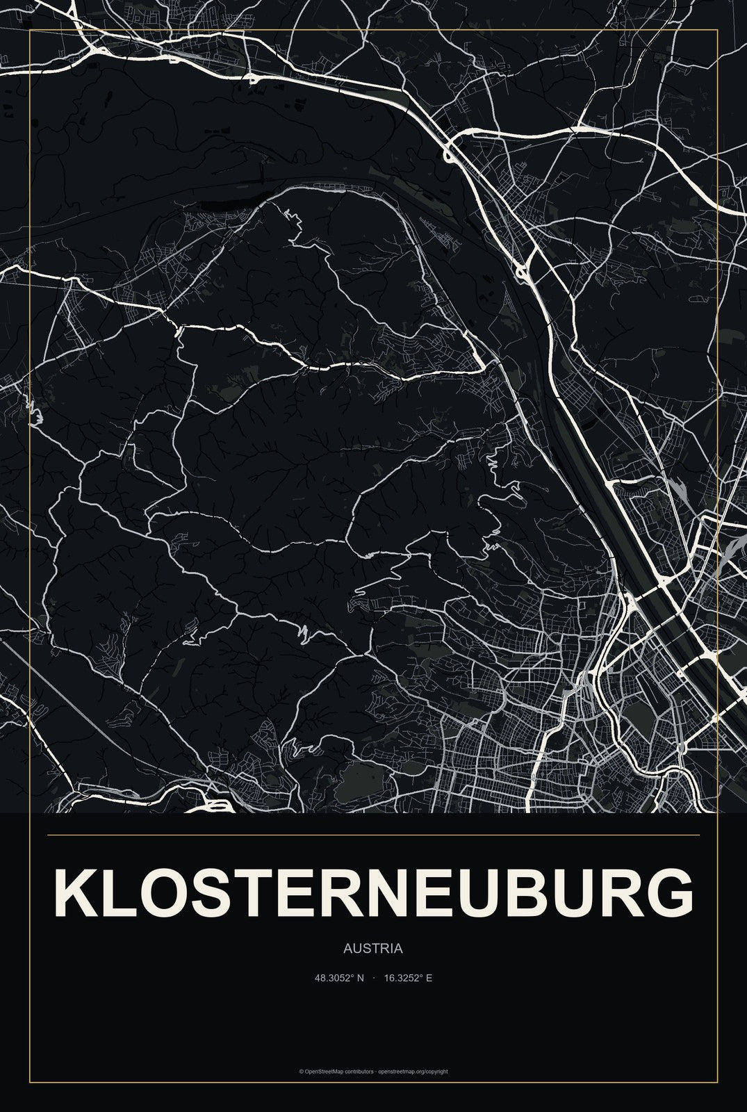 Klosterneuburg, Austria City Map Aluminum Sign in Metropolitan Noir style