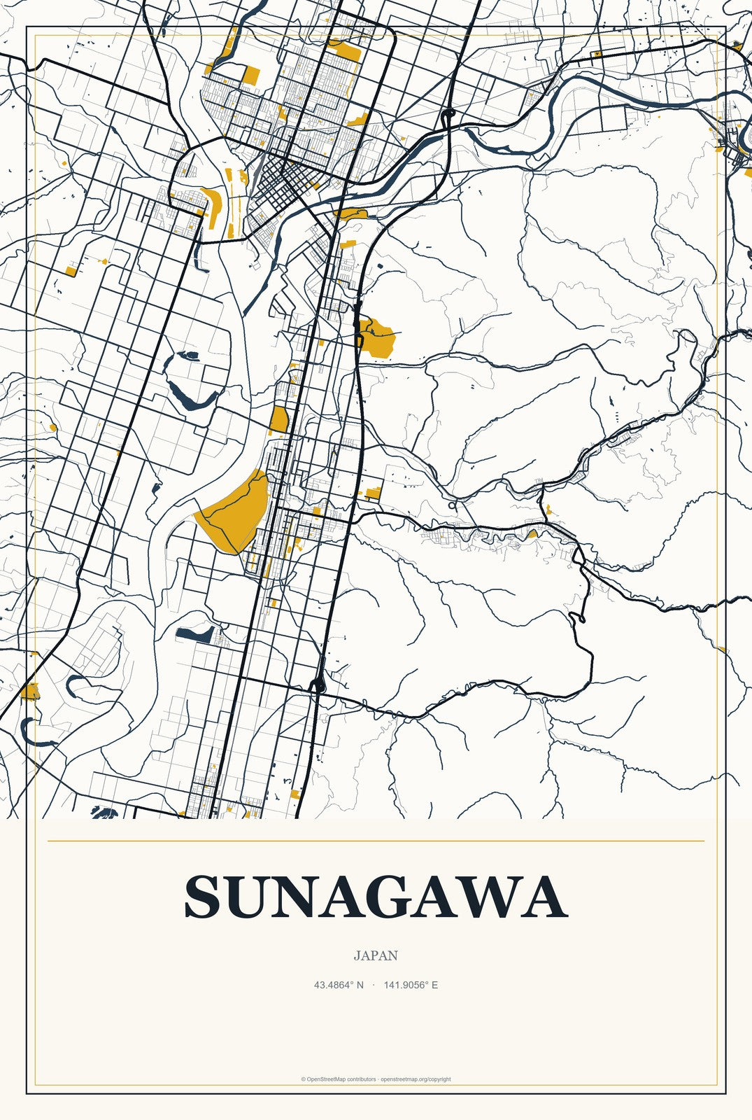 Sunagawa, Japan City Map Aluminum Sign in Citrine Modern style