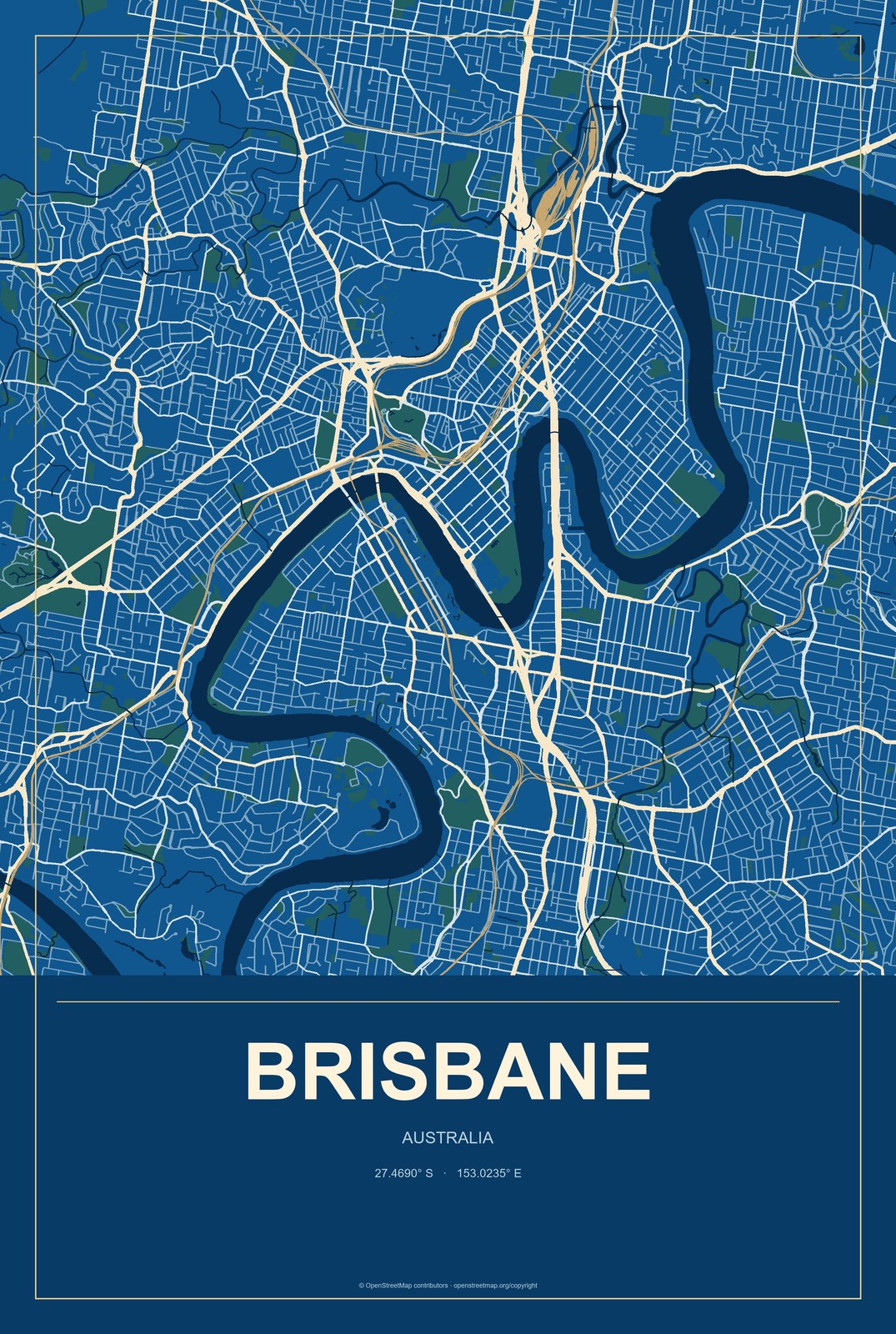 Brisbane, Australia City Map Aluminum Sign in Harbor Cobalt style